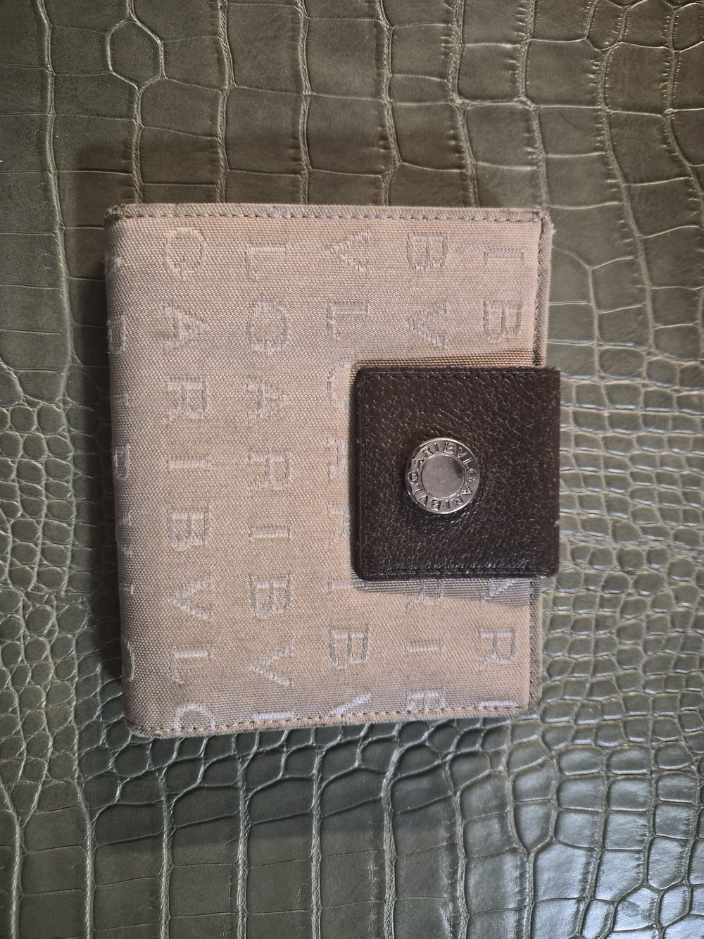 Bulgari Beige Canvas Wallet with Brown Leather Snap